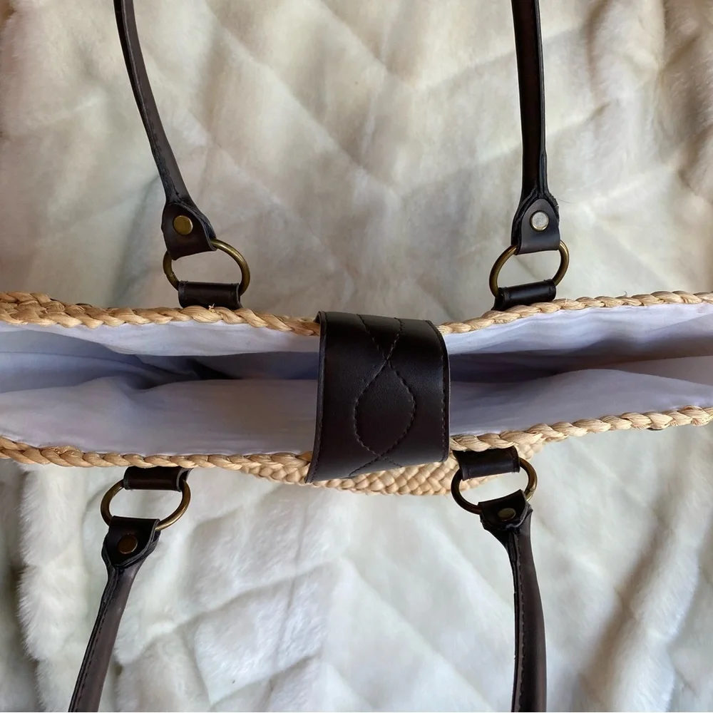 Large wicker 90’s embroidered brown cane beach bag - Picture 4 of 5